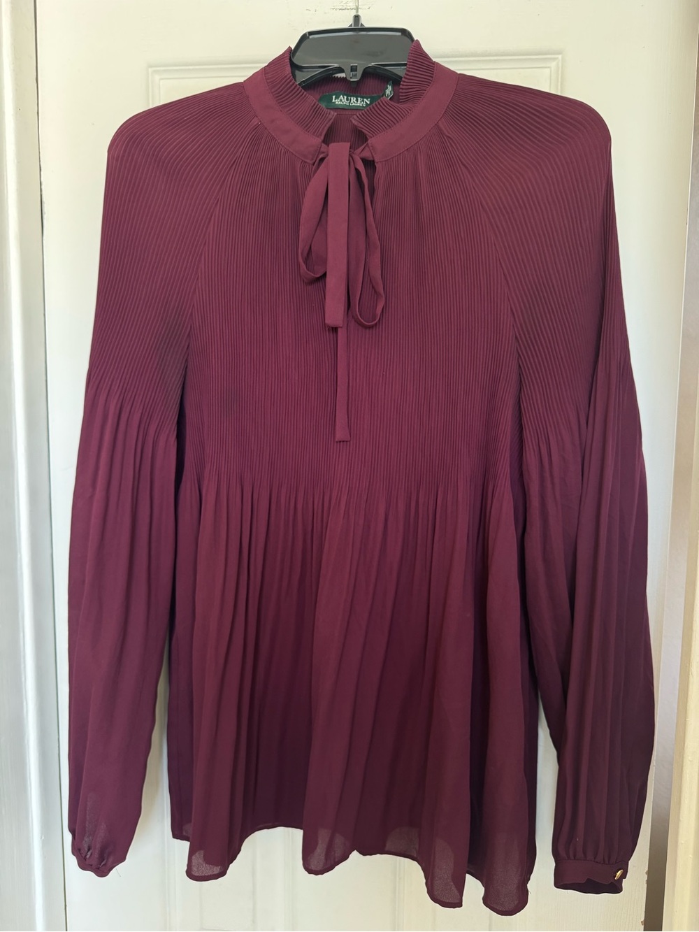 Ralph Lauren Plum Pleated Tie-Neck Blouse